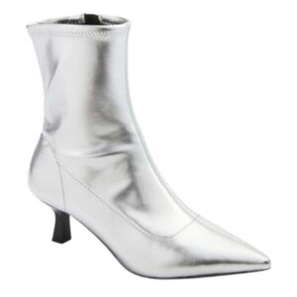 Abound Silver Metallic Pointed Toe Kitten Heel Sock Ankle Boots Size 7M